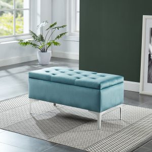 Worldwide Clare Rectangular Storage Ottoman in Teal/Silver Legs